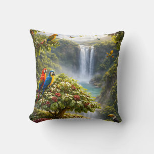 Cojín Decorativo Paraíso del Café Tropical – Cascada y Loros