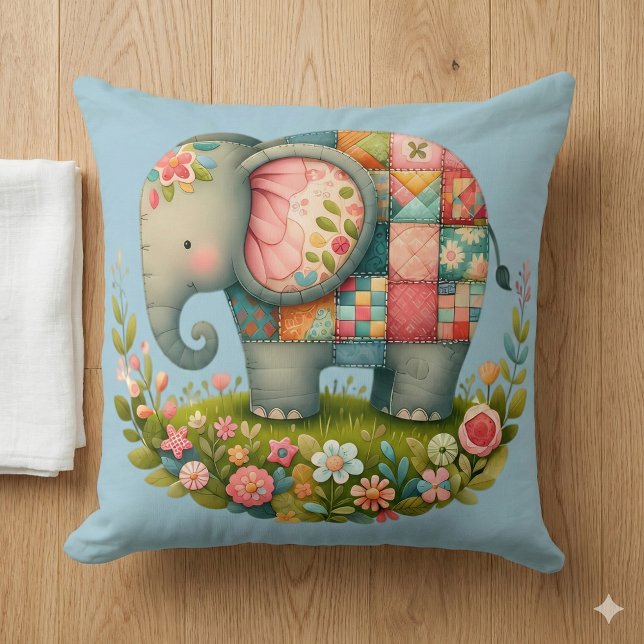 Cojín Decorativo Parche de Elefante Pradera Floral Amuleto (Patchwork Elephant Floral Meadow Charm Throw Pillow Mockup A)
