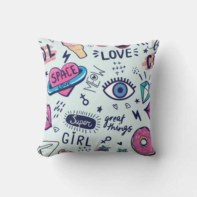 Cojín Decorativo Parche de Moda: Pegatinas de Pop Art. (Anverso)