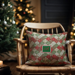 Cojín Decorativo Parche de Navidad de la familia con monograma Verd