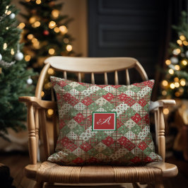Cojín Decorativo Parche de Navidad de la familia Monograma Verde Ro