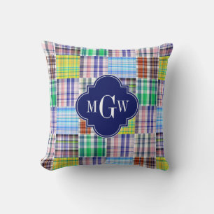 Cojín Decorativo Parche Preppy Madras Azul Cuatrofoils Monograma