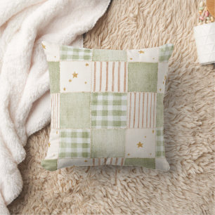 Cojín Decorativo Parches de rayas estrellas verde menta dorado  