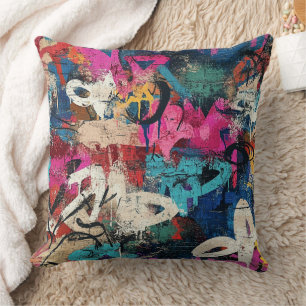 Cojín Decorativo Pared de ciudad áspera grafiti rosa azul negro