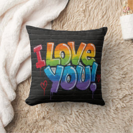 Cojín Decorativo Pared de ladrillo negro con grafiti “¡Te quiero!”