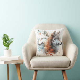 Cojín Decorativo Pareja Acuarela Naturaleza Lobo
