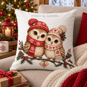 Cojín Decorativo Pareja de búhos escandinavos de Navidad, acogedor