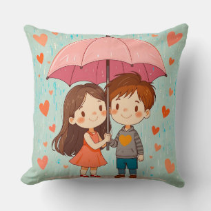 Cojín Decorativo Pareja de dibujos animados sonriendo bajo paraguas