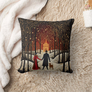 Cojín Decorativo Pareja de Invierno y Iglesia en Gouache Vintage