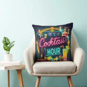 Cojín Decorativo Pareja de la hora del cóctel con letrero de neón d