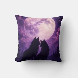 Cojín Decorativo Pareja de lobos románticos bajo la luna llena