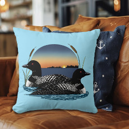 Cojín Decorativo Pareja de somormujos Atardecer Lago Azul Fauna