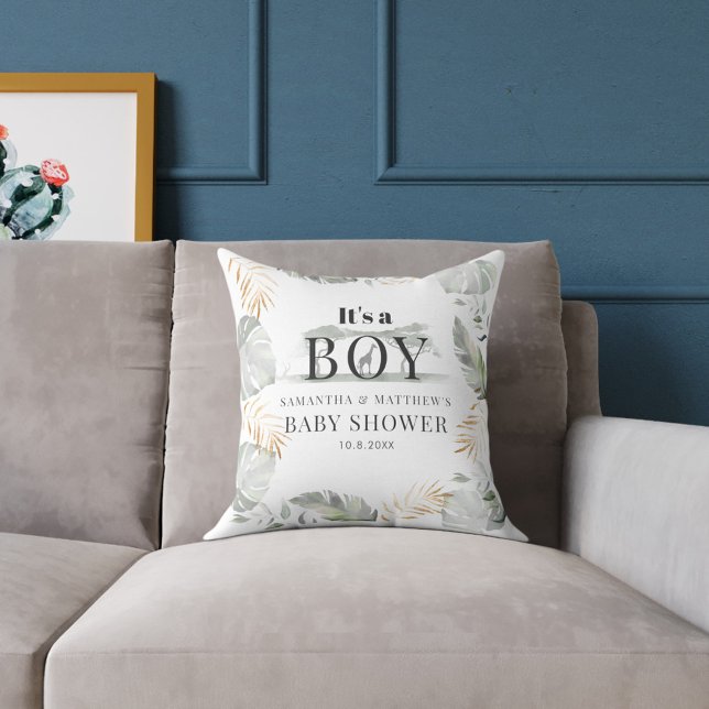 Cojín Decorativo Parejas Baby Shower Jungle Animal Botanico (Jungle Safari Boy Baby Shower Pillow)