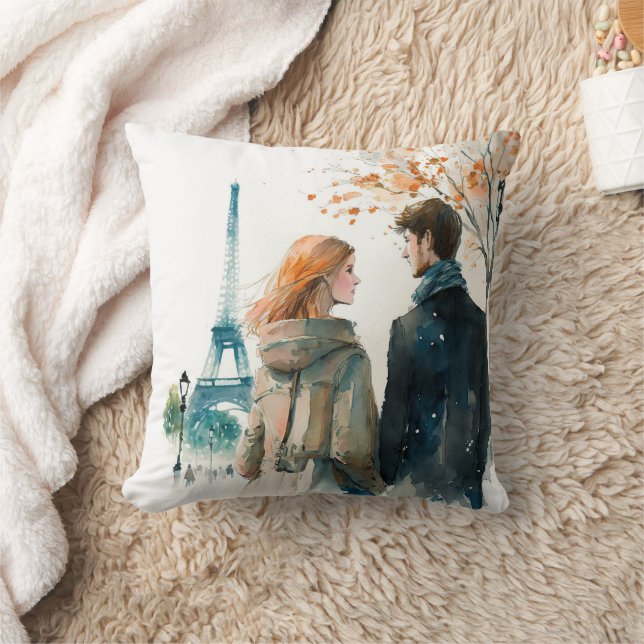 Cojín Decorativo Parejas de acuarela romántica y dulce en París (Manta)