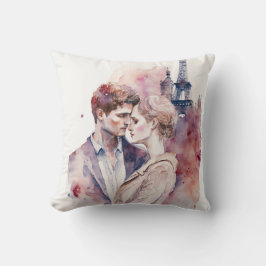 Cojín Decorativo Parejas románticas adorables en acuarela en París 