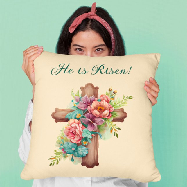 Cojín Decorativo Pascua: Cruz Floral "He is Risen" (Subido por el creador)