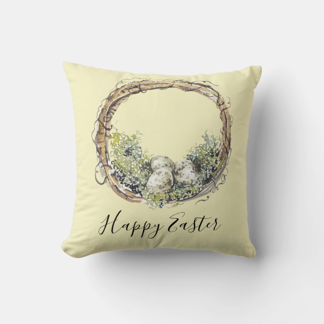 Cojín Decorativo Pascua Rústica de Acuarela y Huevos (Anverso)