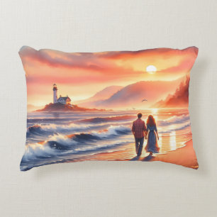 Cojín Decorativo Paseo romántico por el faro al atardecer en la cos