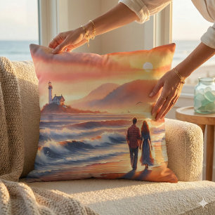 Cojín Decorativo Paseo romántico por el faro al atardecer en la cos