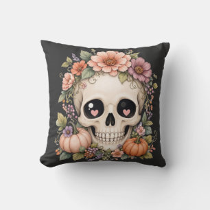 Cojín Decorativo Pastel Cute Cráneo PNG Coquette Flores de Otoño