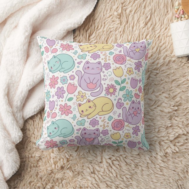 Cojín Decorativo Pastel Kawaii Cats and Flowers Decorative  (Manta)