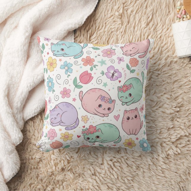 Cojín Decorativo Pastel Kawaii Cats and Spring Flowers Throw Pillow (Manta)
