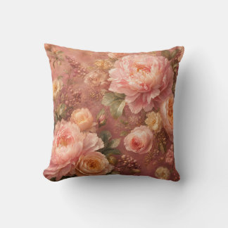Cojín Decorativo Pastel Rosa Romántico Peonías y Rosas Botánico 
