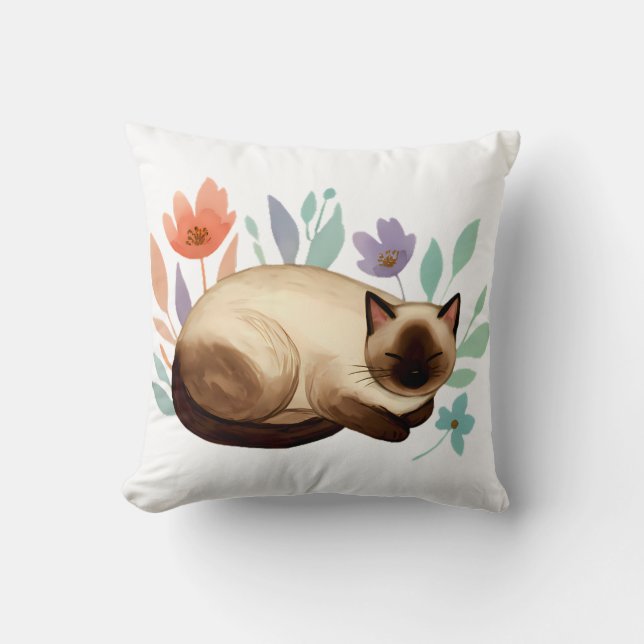 Cojín Decorativo Pastel Slumber: Siamese Cat in Bloom (Anverso)