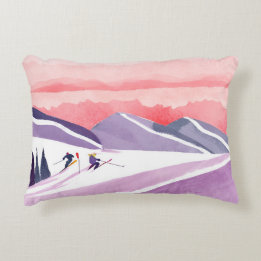 Cojín Decorativo Pastel Watercolor Ski Mountain Sunset