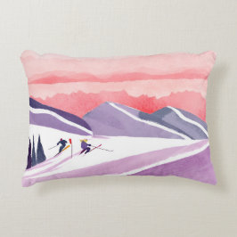 Cojín Decorativo Pastel Watercolor Ski Mountain Sunset