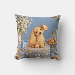 Cojín Decorativo Pastelito Dorado Dachshund Té de Porcelana Azul