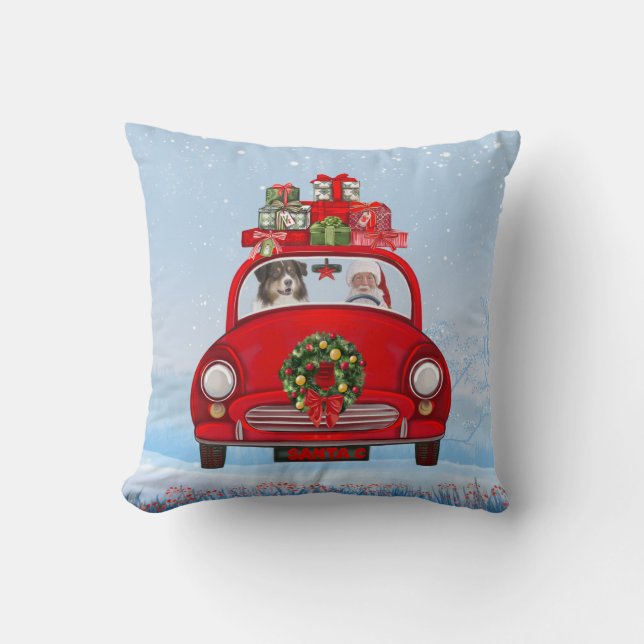 Cojín Decorativo Pastor Australiano En Coche Con Santa Claus (Anverso)
