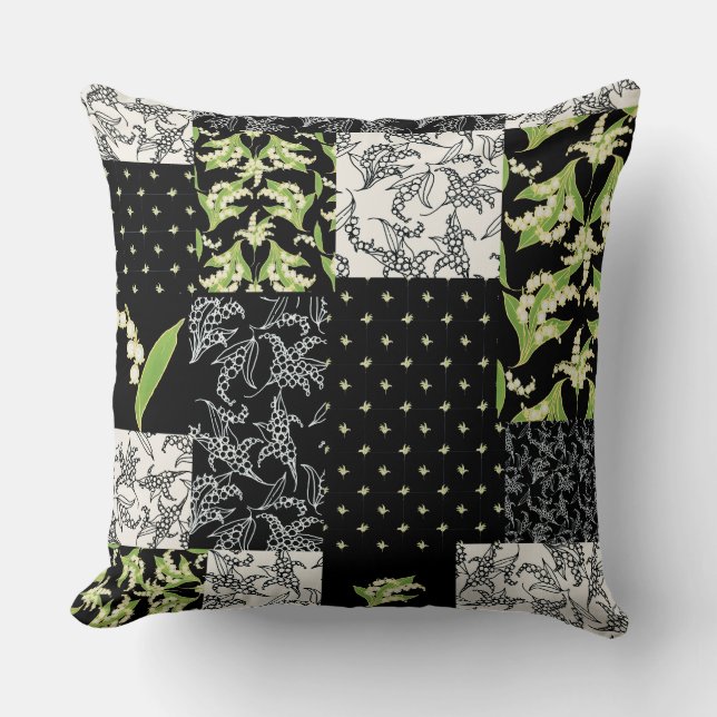 Cojín Decorativo Patchwork de Lily-of-the-Valley en negro (Anverso)