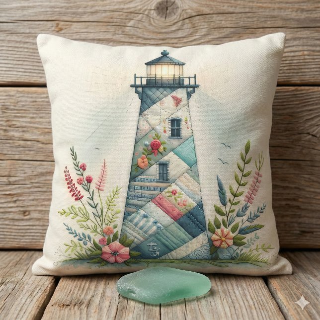 Cojín Decorativo Patchwork Lighthouse Coastal Floral Scene (Patchwork Lighthouse Coastal Floral Scene Throw Pillow Mockup B1)