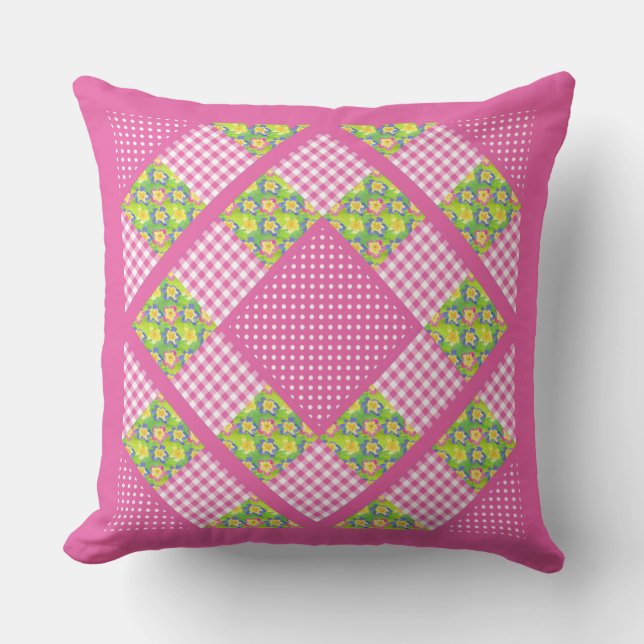 Cojín Decorativo Patchwork, Primroses, Polkas y Gingham (Anverso)
