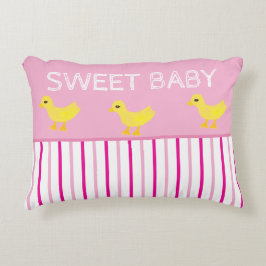 Cojín Decorativo Patitos amarillos dulces bebé rayas rosadas blanca