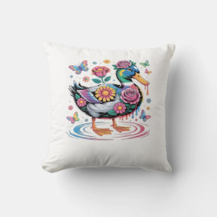 Cojín Decorativo Pato de fantasía colorido con flores y mariposas