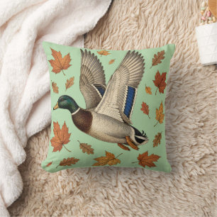 Cojín Decorativo Pato silbón volador vintage con hojas de otoño