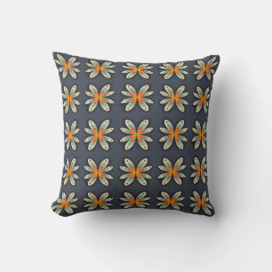Cojín Decorativo Patrón abstracto floral retro naranja azul marino 