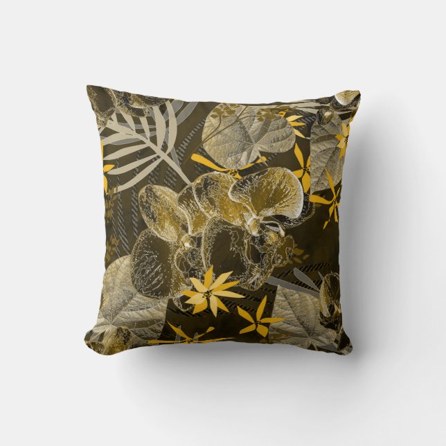 Cojín Decorativo Patrón acuarela amarillo-marrón floral. (Anverso)