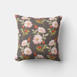 Cojín Decorativo Patrón acuarela floral de perro rosa y berro rojo