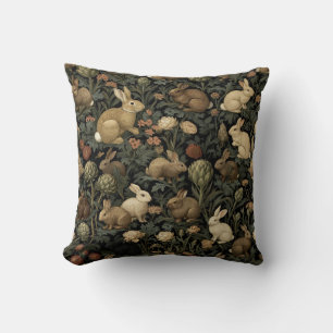 Cojín Decorativo Patrón Antiguo de Conejo del Bosque Botánico Oscur