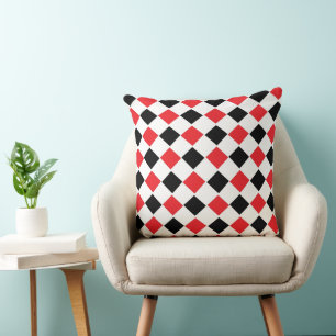 Cojín Decorativo Patrón Argyle Negro y Rojo