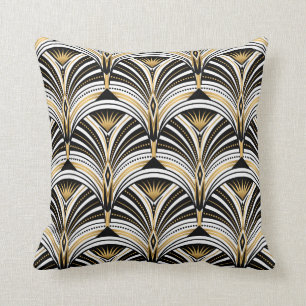Cojín Decorativo Patrón Art Decó. Retroceso blanco negro de oro v