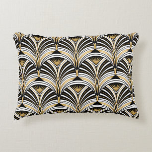 Cojín Decorativo Patrón Art Decó. Retroceso blanco negro de oro v