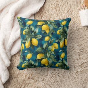 Cojín Decorativo Patrón azul amarillo acuarela limón mediterráneo