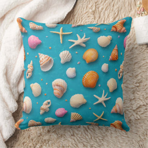 Cojín Decorativo Patrón azul dorado de coral de concha de océano tr