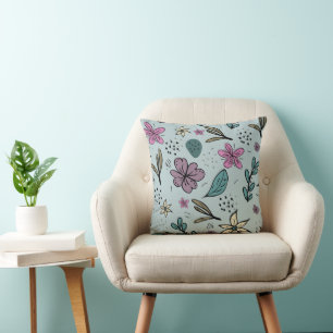 Cojín Decorativo Patrón azul ilustrado de flores y hojas lindas