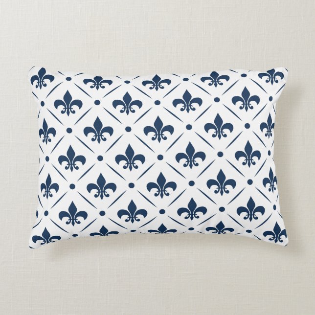 Cojín Decorativo Patrón azul oscuro Fleur De Lis sobre fondo blanco (Anverso)