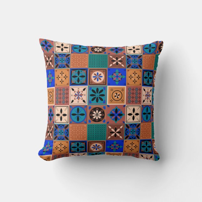 Cojín Decorativo Patrón Azulejo tonos tierra (Anverso)